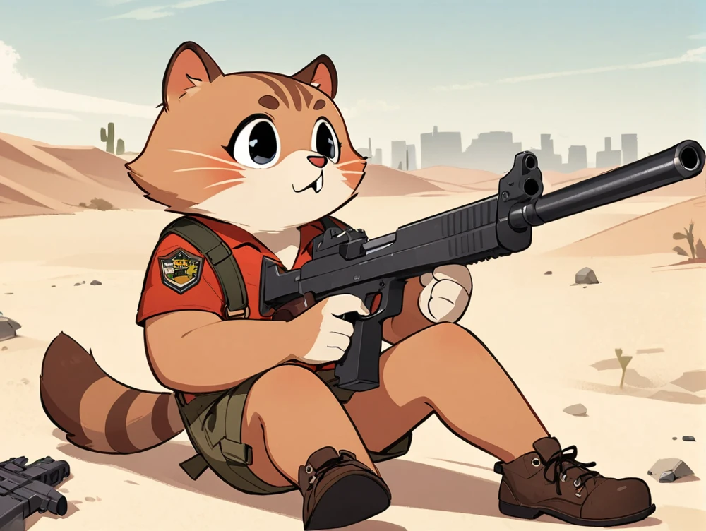 Perro mapache común Tranform Tanuki blanco sosteniendo una pistola en Jacksonville, Florida, en el desierto, Estilo de Hellper 