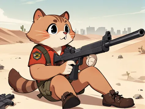 Common Raccoon Dog Tranform White Tanuki holding Gun in Jacksonville Florida at Desert, Style of Hellper 