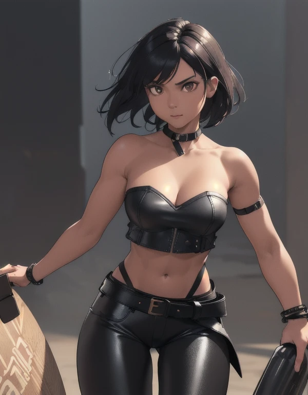 1girl, ((26 year old, Filipino Woman, tanned bronze skin:1.02, short black hair:1.3, Detailed Amber eyes:1.03, Detailed face, medium breasts, (Wearing: Strapless Black tube top, black leather pants, white belt, bracelets:1.2)), (midriff), (agile physique:1.1), (Character Focus),Perfect Anatomy, Looking at Viewer, 4k textures, raw photo, epic artistic, photoreal art, sharp focus, even lighting, insane details, intricate details, hyperdetailed, rich colors
