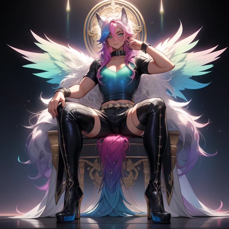 a short, skinny, throne room  young boy wearing a peacock inspired rainbow sci fi coat, glowing blue eyes with heterochromia, wearing cropped t-shirt, flat chested, flat chest (SUPER FLAT CHEST) has wolf ears and a wolf tail, wide hips, pink lips, thick thighs, has long wavy rainbow gradient colored sparkly hair with long locks, twink, happy, blushing, flustered, showing thighs, wearing thigh high boots, wearing short micro shorts, curvy, solo, alone, (SOLO)(ALONE), has long wavy rainbow gradient colored sparkly hair, dynamic pose, dancing pose, wearing collar, happy, has rainbow peacock wings flowing behind him, perfect eyes, photo realistic, masterpiece, flawless, peacock wings