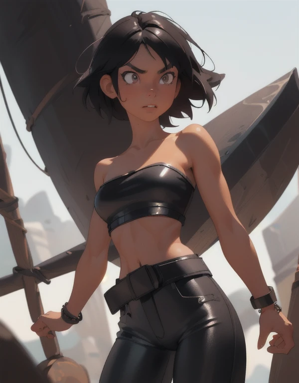 1girl, ((26 year old, Filipino Woman, tanned bronze skin:1.02, short black hair:1.3, Detailed Amber eyes:1.03, Detailed face, medium breasts, (Wearing: Strapless Black tube top, black leather pants, white belt, bracelets:1.2)), (midriff), (agile physique:1.1), (Character Focus),Perfect Anatomy, Looking at Viewer, 4k textures, raw photo, epic artistic, photoreal art, sharp focus, even lighting, insane details, intricate details, hyperdetailed, rich colors
