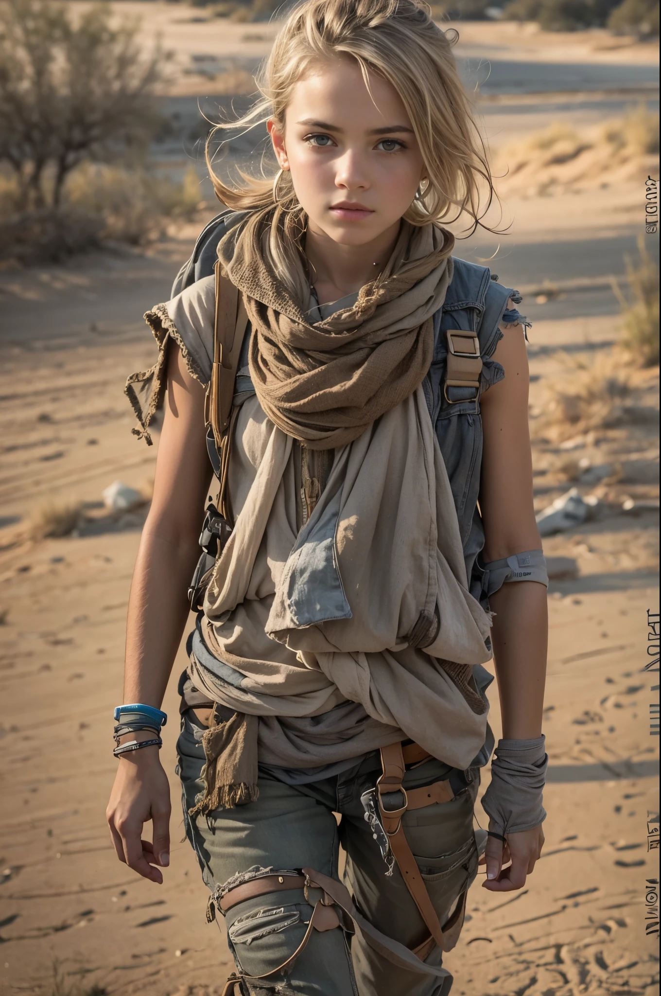 Masterpiece, nsfw, half body shot, transitioning to a desert landscape at sunset, a lone figure walking, a beautiful 11 years old young American tween girl emerges wearing beautiful post apocalyptic nomadic clothes, very pale skin, light blond hair, blue-grey eyes, freckles on face, skinny runners body, very small breasts, hard nipples, very small ass, very detailed face, ultra realistic face, very beautiful thin face, clean face, exhausted face, young looking, very young, juvenile face, post-apocalyptic clothing. Layers of tattered fabric, unconventional accessories, and a weathered look create an aura of survival and resilience, 16K, ultra high res.photorealistic, UHD, RAW, DSLR