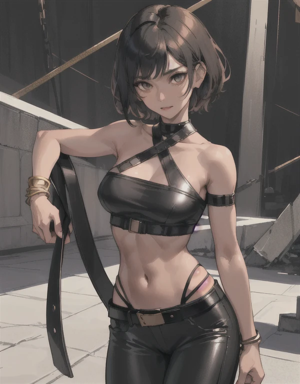 1girl, ((26 year old, Filipino Woman, tanned bronze skin:1.02, short black hair:1.3, Detailed Amber eyes:1.03, Detailed face, medium breasts, (Wearing: Strapless Black tube top, black leather pants, white belt, bracelets:1.2)), (midriff), (agile physique:1.1), (Character Focus),Perfect Anatomy, Looking at Viewer, 4k textures, epic artistic, sharp focus, even lighting, insane details, intricate details, hyperdetailed, rich colors
