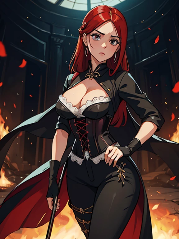 Erza Scarlet es uno de los personajes principales de la serie.. La joven de cabello escarlata y ojos marrones es descrita como una mujer asombrosa, muy estricta y no admite cuando otros cometen errores. ella es delgada, Figura elegante con curvas bien formadas.. Su atuendo más común consiste en un corsé con cordones hecho a medida, un par de pantalones negros, Botas negras y pendientes en forma de diamante, en alta resolución, circunstanciado ((mejor calidad))