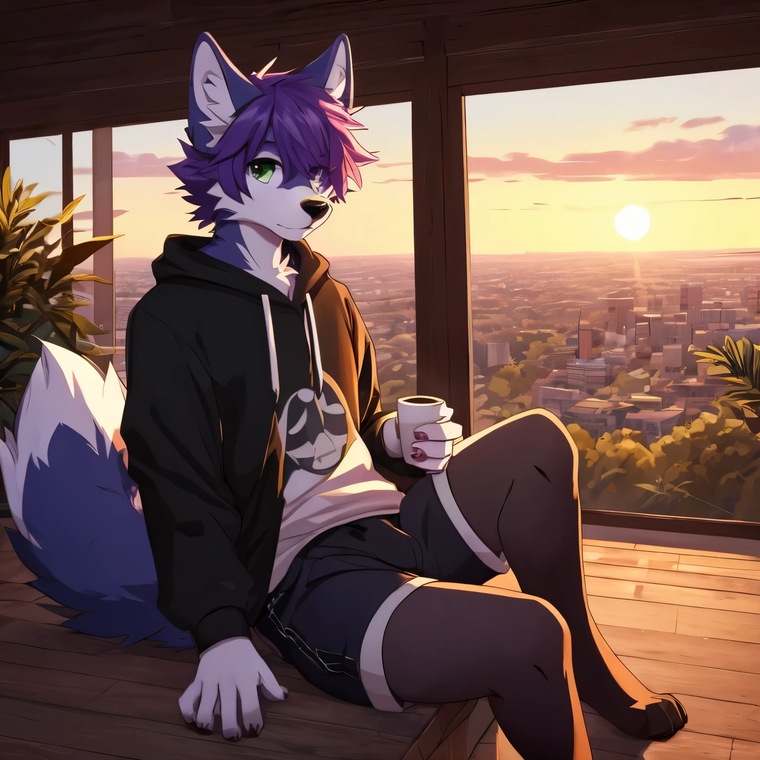 (hi res), ((masterpiece)), ((best quality)), illustration, furry, animal ears, body fur, cute, silly, fluffy, soft anime, anthropomorphic wolf, solo, male, dark fluffy fur, purple hair, green eyes, fluffy tail, sitting back to camera, black hoody, shorts, purple high tights with black stripes, cup of hot tea, steam from cup, house in suburbs, sitting on the roof, watching the sunset, forest and city in the background, calm, 8 k, (semi-realistic)