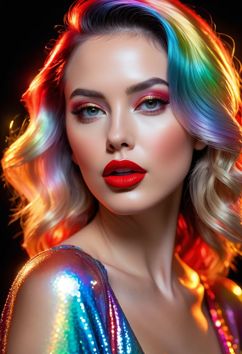 fantasic nature, ultra detail, ultra realism, hyper realistic, 90s, furrowed, vibrant holographic gradient, adventurecore, argon flash, photopainting, femme fatale, red lips, Professional Photography, Award Winning Photoshoot, Hyper-Realistic, Canon 1DX Mark III, 35mm, f/8