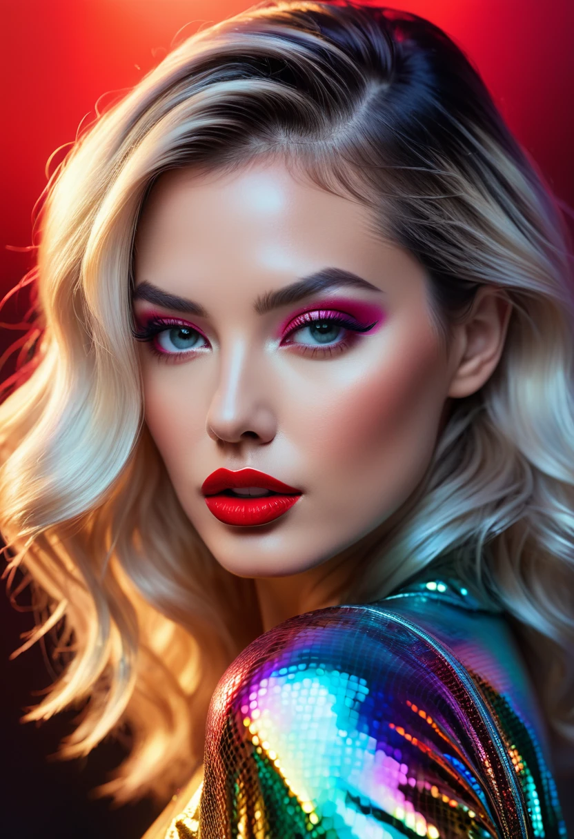 fantasic nature, ultra detail, ultra realism, hyper realistic, 90s, furrowed, vibrant holographic gradient, adventurecore, argon flash, photopainting, femme fatale, red lips, Professional Photography, Award Winning Photoshoot, Hyper-Realistic, Canon 1DX Mark III, 35mm, f/8
