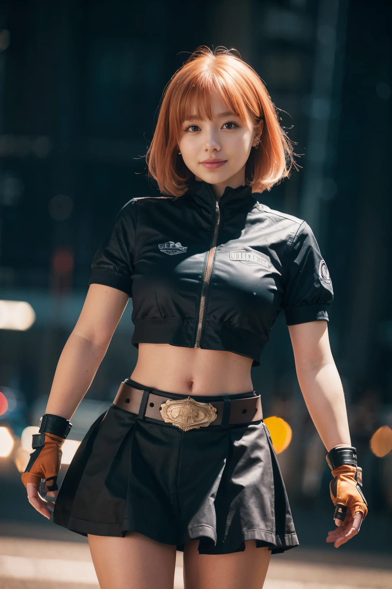 1girl,cowboy shot, beautiful nora_valkyrie, looking at viewer, smile, short hair, blue eyes,heart cutout, gloves,  jacket, pink skirt, pink belt, short sleeves, puffy sleeves, single armband, fingerless gloves, orange hair, pink gloves, dynamic pose, night, outdoors, city, (volumetric lighting), best quality, masterpiece, intricate details, tonemapping, sharp focus, hyper detailed, trending on Artstation,