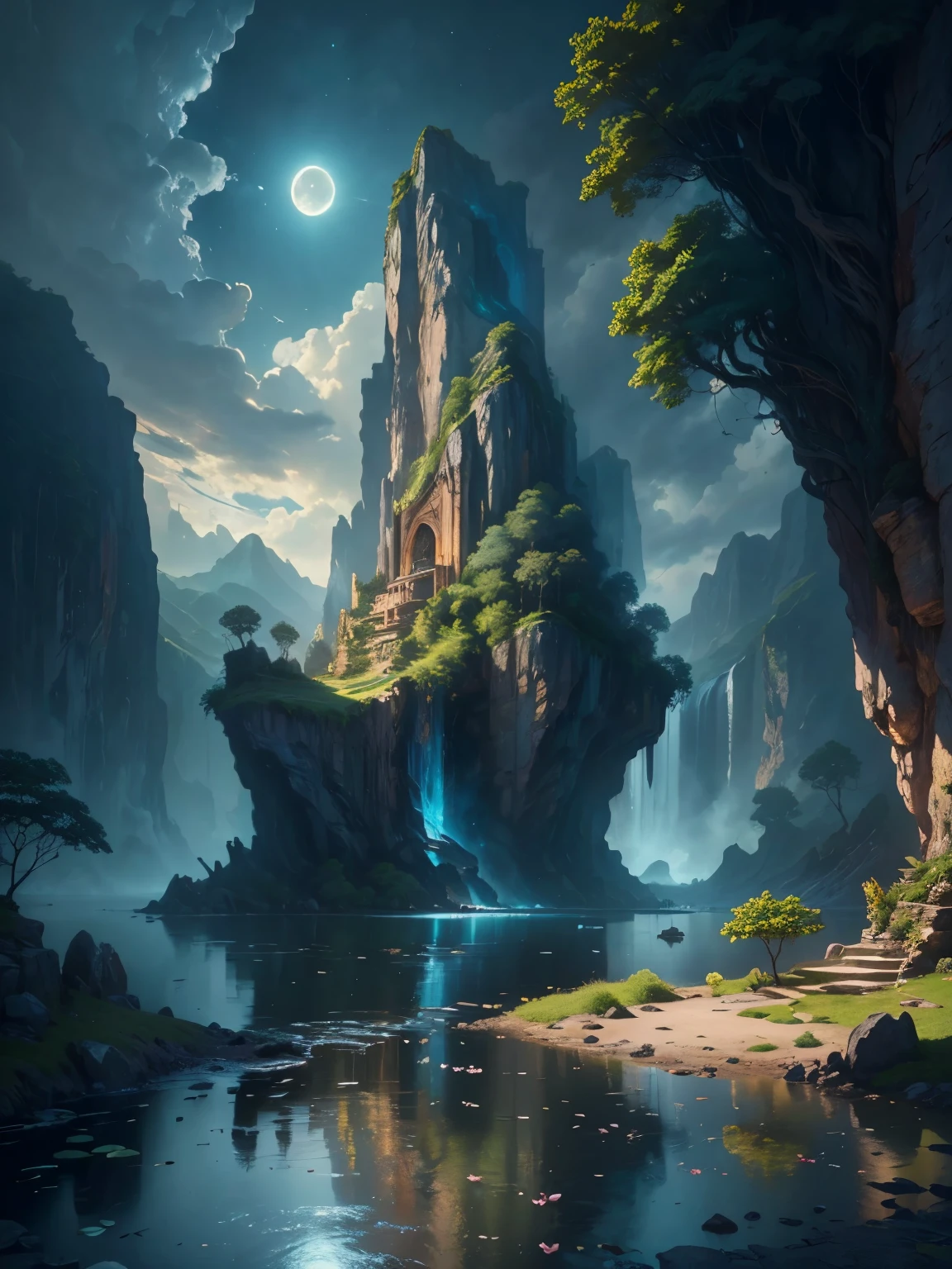 there is a large eaufall in the middle of a montagne, ville antique, épique matte painting of an island, the cité perdue de l&#39;Atlantide, an aztec city in a island Lac, ville antique paysage, cité perdue de l&#39;Atlantide, marc simonetti. complexe, magnifique art conceptuel, art conceptuel époustouflant, Art conceptuel très réaliste, style artistique de Marc Simonetti, (((chef-d&#39;œuvre))), Meilleure qualité, Haute qualité, extrêmement détaillé CG unity 8k wallpaper, paysage, En plein air, Ciel, nuage, personne, montagne, paysage, eau, arbre, blue Ciel, eaufall, falaise, nature, Lac, rivière, nuagey Ciel,photographie primée, bokeh, profondeur de champ, HDR, floraison, aberration chromatique ,Photoréaliste,extrêmement détaillé, tendance sur artstation, tendance sur CGSociety, complexe, Détails élevés, Spectaculaire, art à mi-parcours, tall eaufall, painting of a rivière with rocks and arbres in the foreground, near a rivière, paysage, jungle, eaufall, crystal clear eau, veilleuse,((pleine lune)), Coloré, rivière with rocks, pont rocheux, épique, fantaisie, ((roses et fleurs au bord de l&#39;étang)), ((peinture à l&#39;huile)), moon paysage reflected in rivière, ((pont rocheux))