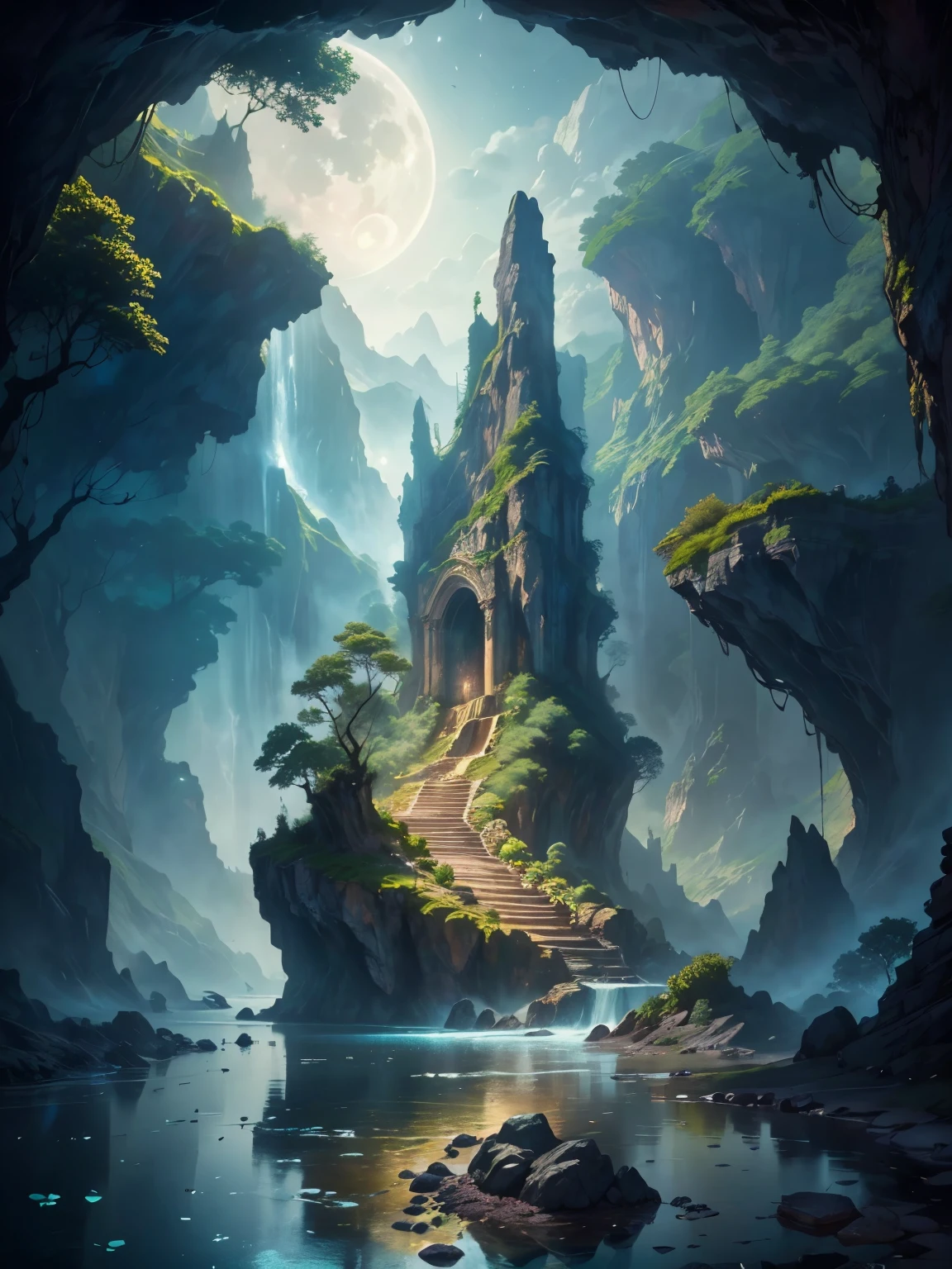 there is a large waterfall in the middle of a mountain, ancient city, epic matte painting of an island, the lost city of atlantis, an aztec city in a island lake, ancient city landscape, lost city of atlantis, marc simonetti. intricate, beautiful concept art, stunning concept art, highly realistic concept art, art style of marc simonetti, (((masterpiece))), best quality, high quality, extremely detailed CG unity 8k wallpaper, scenery, outdoors, sky, cloud, no people, mountain, landscape, water, tree, blue sky, waterfall, cliff, nature, lake, river, cloudy sky,award winning photography, Bokeh, Depth of Field, HDR, bloom, Chromatic Aberration ,Photorealistic,extremely detailed, trending on artstation, trending on CGsociety, Intricate, High Detail, dramatic, art by midjourney, tall waterfall, painting of a river with rocks and trees in the foreground, near a river, landscape, jungle, waterfall, crystal clear water, night light,((full moon)), colorful, river with rocks, rock bridge, epic, fantasy, ((roses and flowers on the banks of the pond)), ((oil painting)), moon landscape reflected in river, ((rock bridge))