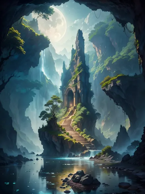 there is a large waterfall in the middle of a mountain, ancient city, epic matte painting of an island, the lost city of atlanti...