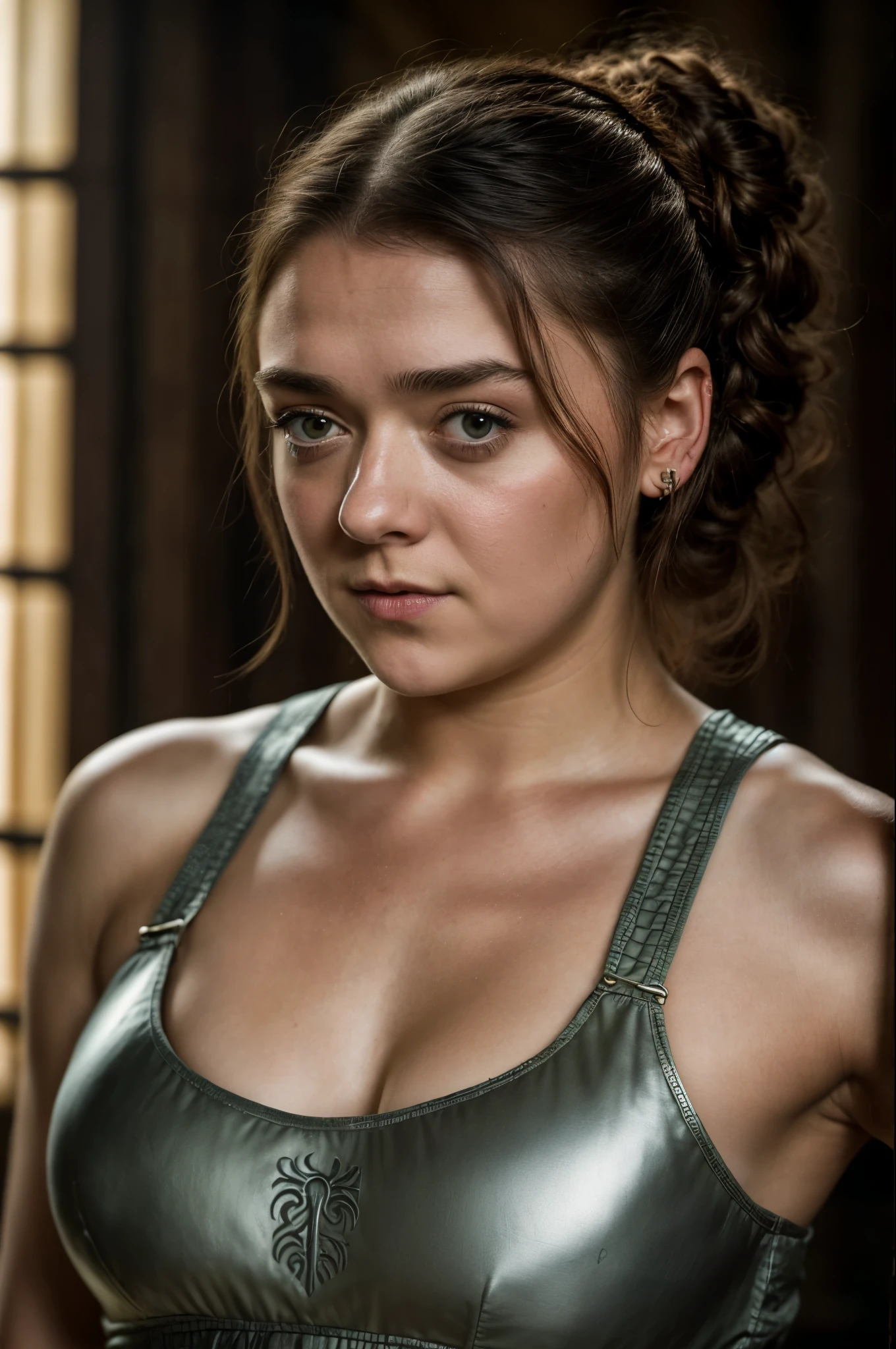 Foto RAW, Arya Stark, Extremely gorgeous lady, Arya Stark PLAYED BY MAISIE WILLIAMS, Queen Arya Stark, she is a mature woman now, milf, pierced eyes, sexy mediaeval battle dress, gladiator woman, body, 45 years old Woman, body revealing costumes, perky breast, big natural breast, erotic costumes, lusty physique, seductive figure can capture every people's attention, Game of thrones costumes, revealing captivating figure, Mediaeval costumes, revealing clothes, A tomboy, she would rather fence than dance, warrior queen , game of thrones screen caps, Game of Thrones Series, (pele altamente detalhada: 1.2), 8k UHD, DSLR, soft-lighting, alta qualidade, grain of film, Fujifilm XT3, flawless picture, highly detailed, detailed Beauty, intricate, 32k, sharp picture, detailed armpits, armpits hair, arms up, arms wide open, sweaty body, sweat, armpits fetish, best picture for armpits lovers, 