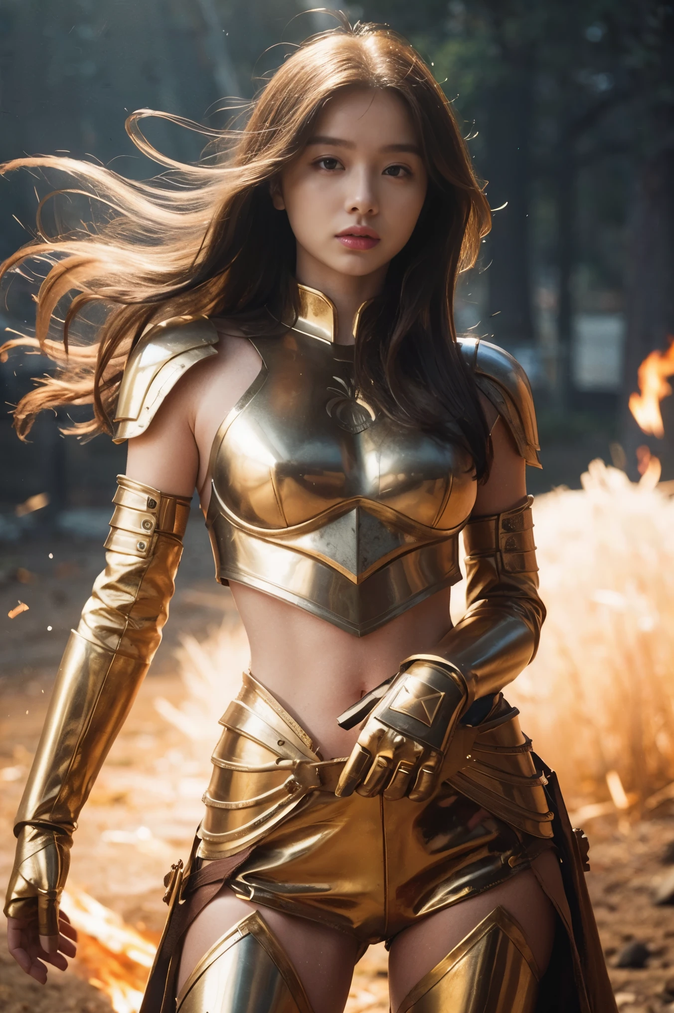 (傑作), (最好的品質), (1 名女孩), 身穿金色盔甲的少女, 酷姿勢, 戰場背景, 火災背景, 聖鬥士星矢鎧甲, 凌亂的頭髮, 破損的盔甲, 破爛的衣服
