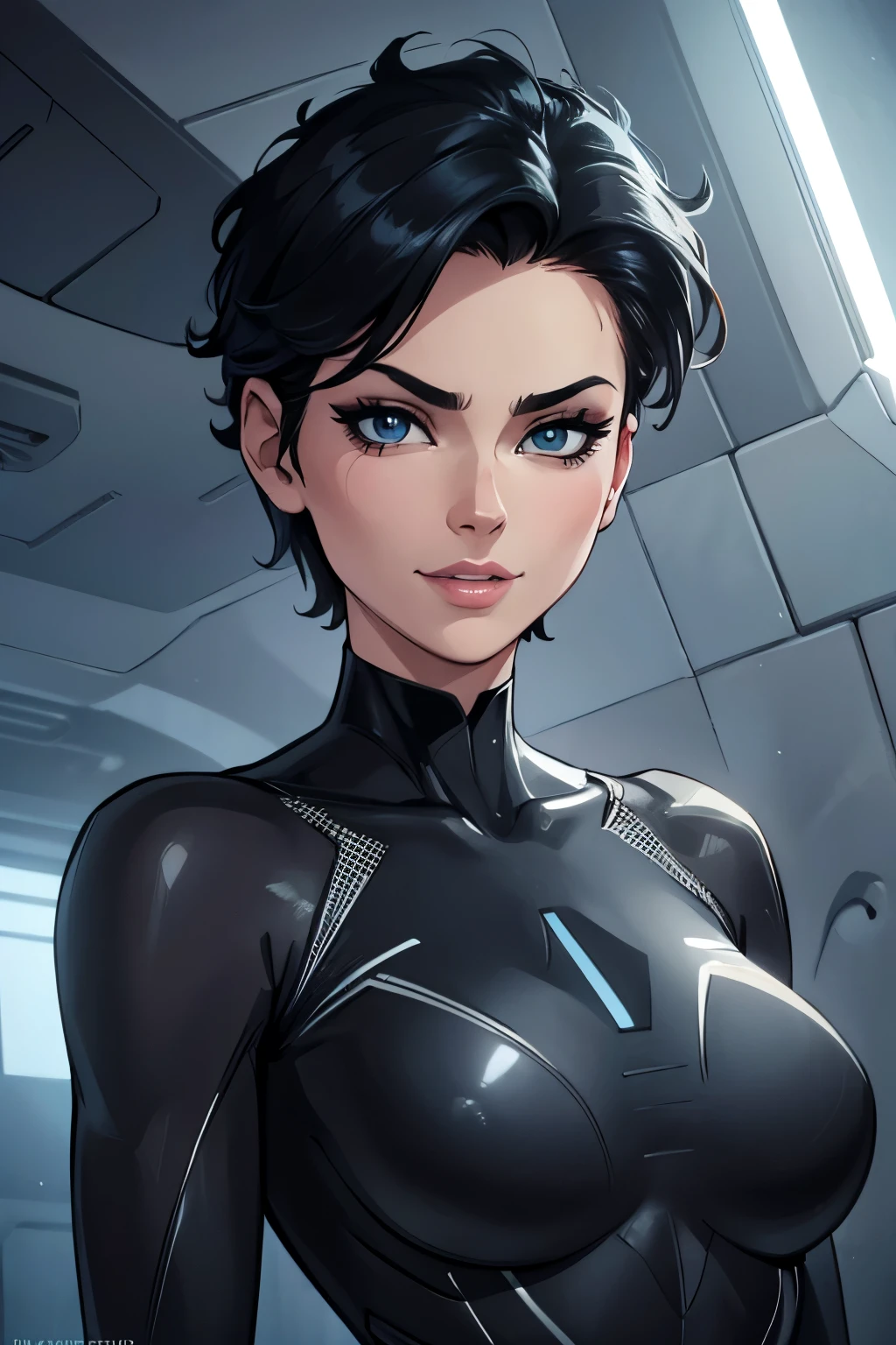 (art, Best quality, absurd, 4K, aesthetics,detailed face, perfect eyes, perfect face, detailed, complex, Perfect lighting) 1 girl with fair skin, short shaved dark hair, wears all black futuristic bodysuit, queen of an alien race, warrior, gentle smile