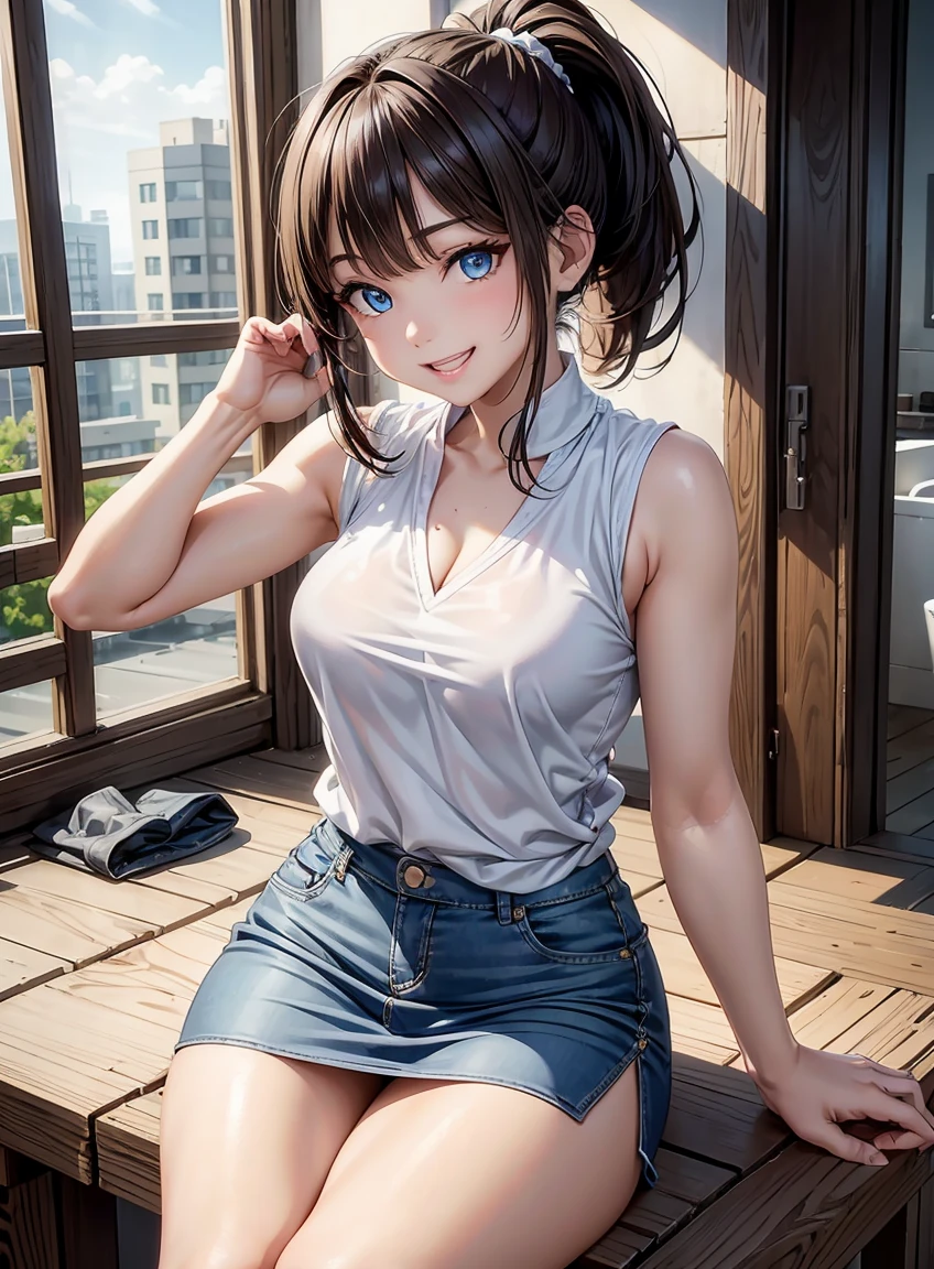 beautiful features、Japanese、brown hair、((ponytail、deep blue eyes:1.2))、shiny smooth hair, thick bangs、(A smile showing white teeth:1.2), highly detailed eyes, highest quality, ultra high resolution, Beautiful and vivid illustrations、Ultra-realistic oily and glossy skin, super fine, High resolution CG Unity 8K wallpaper, Raw photo, precise fingers, anatomically correct, sleeveless jacket、pencil skirt、white panties、Denim look、boots、Sitting in a stepped building、