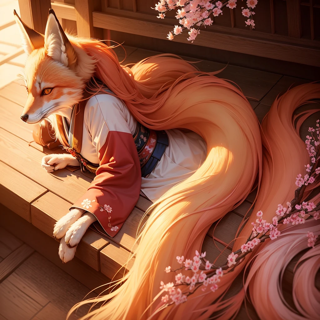 

1girl, Kitsune, long flowing hair, fox ears and fox tail Best quality, ultra-detailed,vibrant colors, traditional Japanese art, ethereal atmosphere, mystical aura, captivating beauty, cherry blossoms, enchanting landscape,radiant sunlight, soft glow