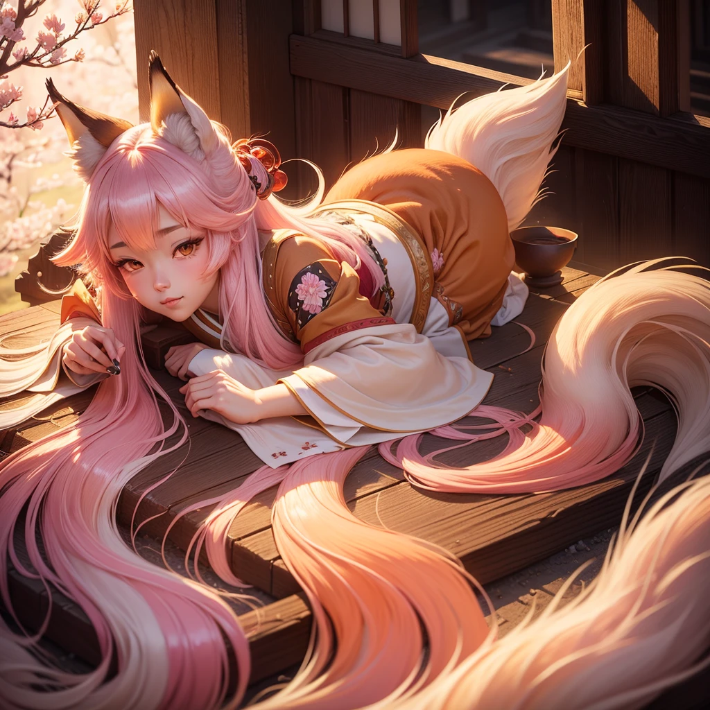 

1girl, Kitsune, long flowing hair, fox ears and fox tail Best quality, ultra-detailed,vibrant colors, traditional Japanese art, ethereal atmosphere, mystical aura, captivating beauty, cherry blossoms, enchanting landscape,radiant sunlight, soft glow