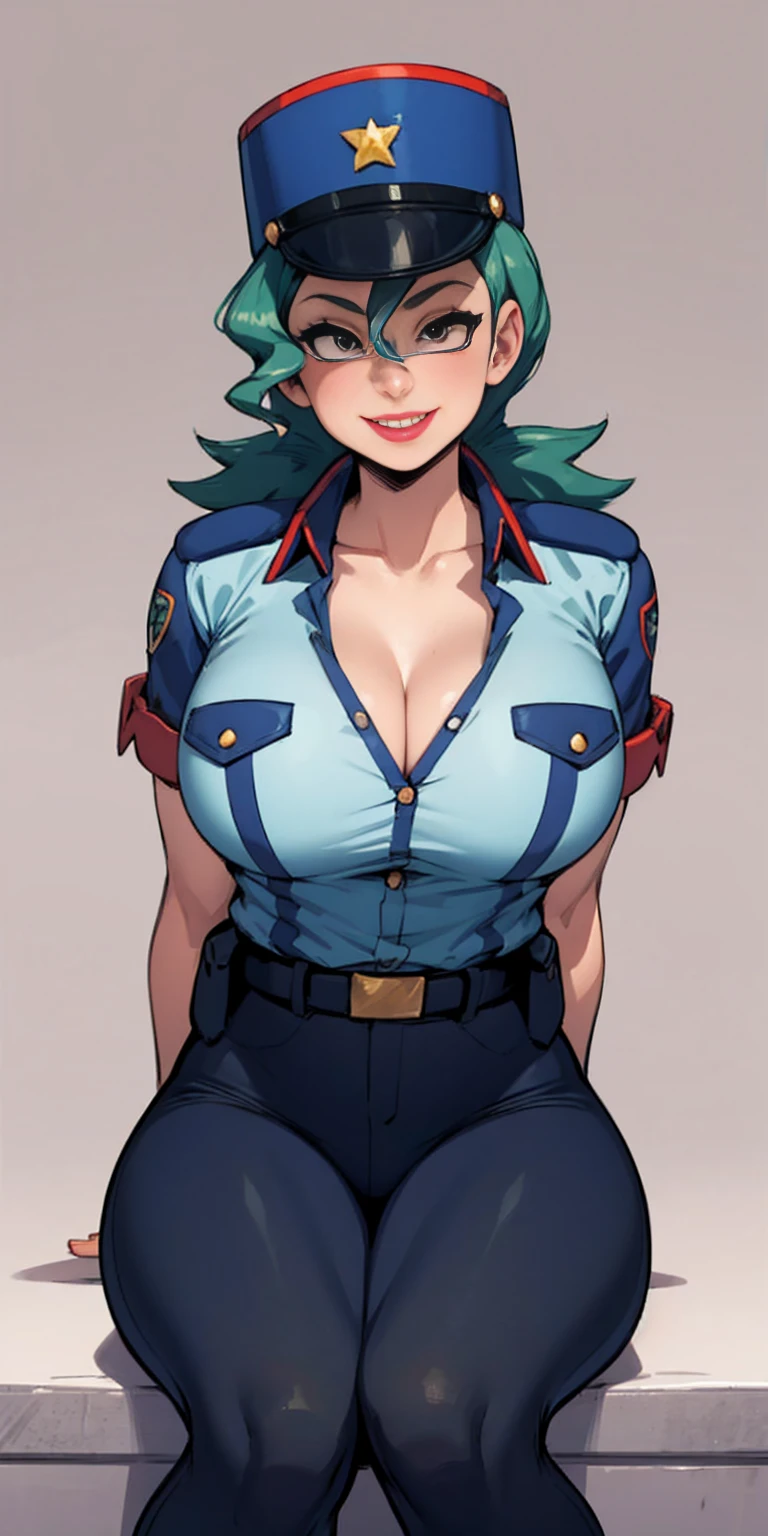 Jenny-pokemon, goregous police woman, sitting, perfect legs, ((arms behind back)), unbutton shirt, busty, colossal cleavage, lipstick, smiling, police cap, ((plain background:1.3))