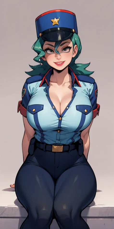 Jenny-pokemon, goregous police woman, sitting, perfect legs, ((arms behind back)), unbutton shirt, busty, colossal cleavage, lip...