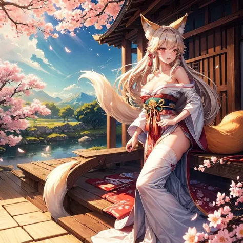 

1girl, Kitsune, long flowing hair, fox ears and fox tail Best quality, ultra-detailed,vibrant colors, traditional Japanese art...