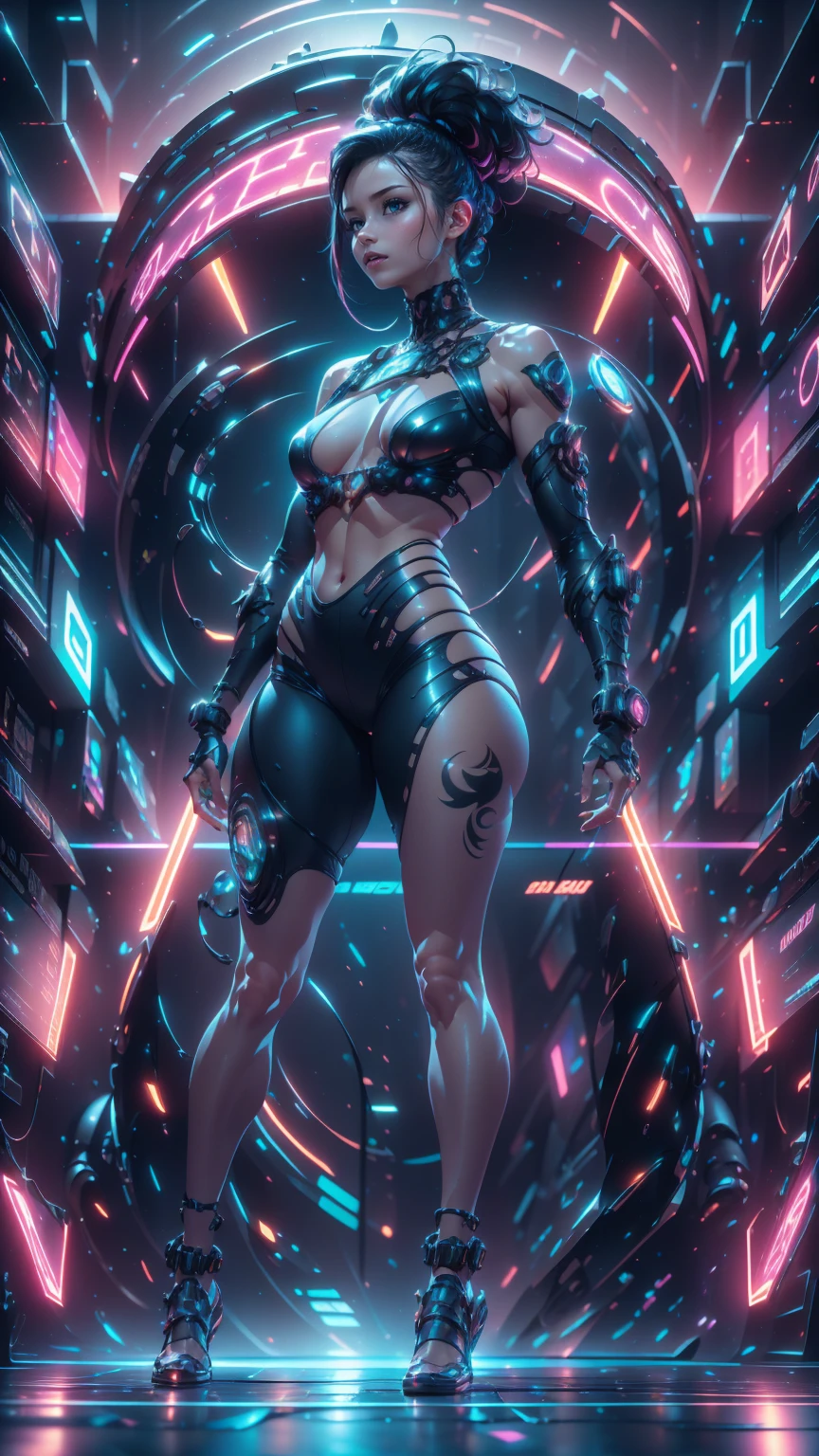 Um ultra-realista e ultra-detalhado, Ambiente Retrowave intrincado, ((retrato de corpo inteiro)), (Visão descendente, de cima), Uma linda deusa celestial caucasiana, pés descalços, (Quadris pequenos corpo magro), (cabelo preto liso), (olhos prateados), ((Seios menores)), Usando apertado pequeno (Cortar) Shorts ciberpunk,, (Pose inocente impressionante), Ângulo Dinâmico, (de baixo), Nuvens galácticas em todos os lugares adornadas com vívidas estrelas quimioluminescentes e galáxias flutuando pelo cosmos, atmosférico, irradiando energia cósmica luminosa, Multicolorido, iluminação vibrante, Visualmente deslumbrante, Surreal, épico, lendário, radicalmente fantástico, afiado, DOF, Resolução 8K, realismo aprimorado