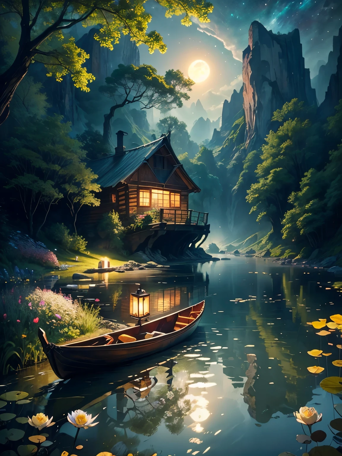 night fisherman in canoe, it is night on the pond, man in boat fishing, silhouette of boat and fisherman in pond, huge full moon, arm of the Milky Way, country cabin, sunset, fog in the forest, waterfall flows into pond, pond with garden, flowers and water lily in pond, rock bridge, epic landscape, oil painting art, watercolor art, trend in artstation, trend in CGSociety, intricate, high detail, dramatic, ((roses and flowers on the banks of the pond)), ((Oil painting)), ((rock bridge)), fisherman in boat in the middle of the scene, fisherman in boat carries lamp, fisherman in boat well detailed,