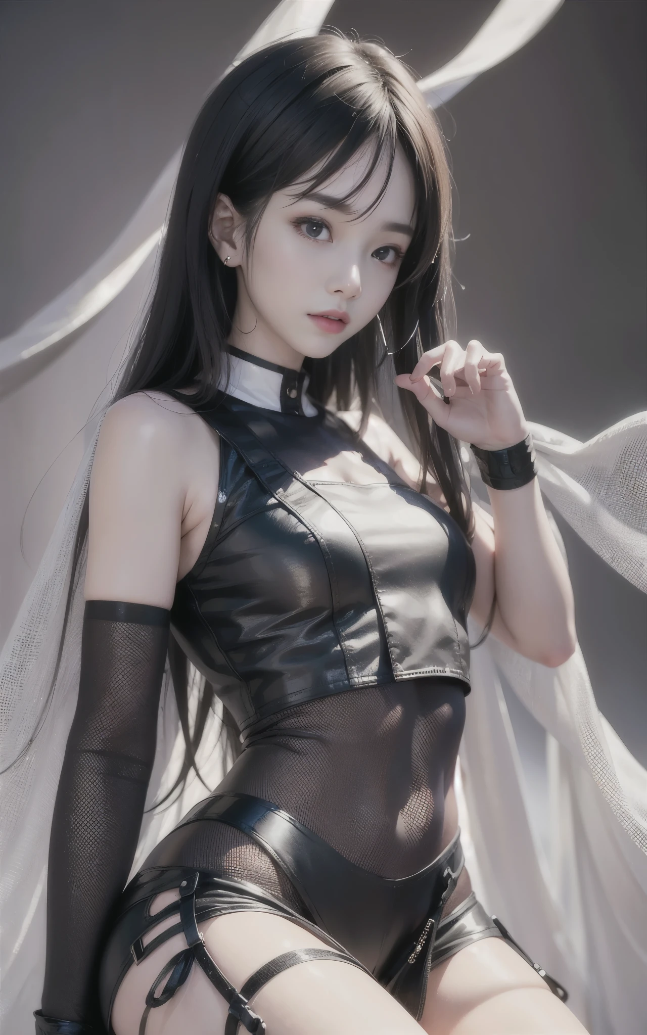 highest quality，masterpiece，High resolution，(beautiful face)，looking at the viewer，Are standing，（（Half body）），（（white vest）），（（black leather skirt）），gloved hands，right arm hanging down