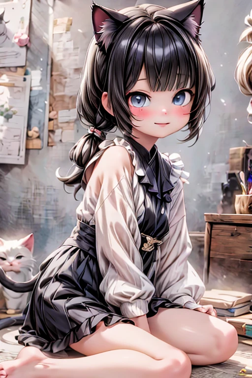 creepy, horror style, a cute demon girl smiling, goth clothing style, lace cloth clothing, wearing a mini ruffled skirt and crop shirt, shirt with short puffy sleeves, nylons, strap pumps, holding an umbrella, floating pose, garden at night