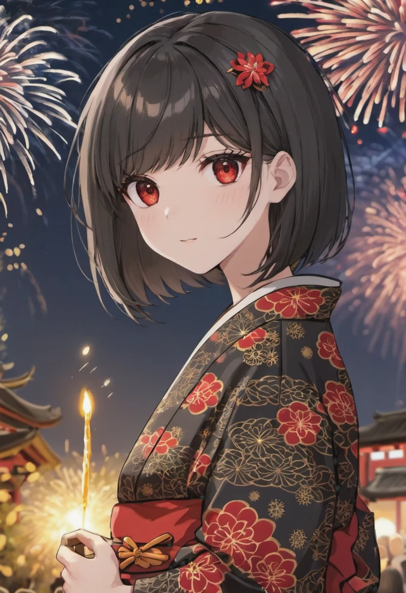 #beautiful hair#high resolution#8K#black hair#light in the eyes#red eye#short bob#Cool appearance#adult woman#Background night shrine fireworks#Black yukata