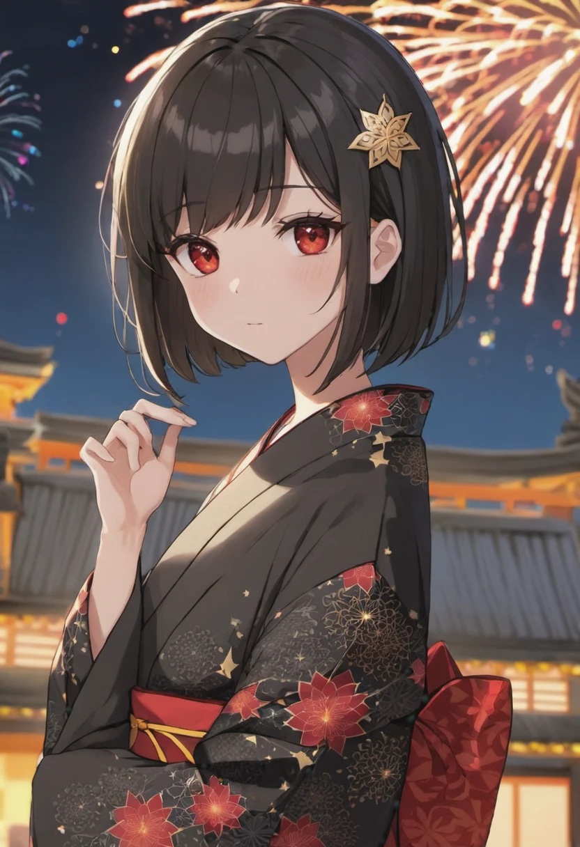 #de beaux cheveux#haute résolution#8k#cheveux noirs#lumière dans les yeux#yeux rouges#Bob court#Apparence cool#femme adulte#Feux d&#39;artifice de sanctuaire de nuit de fond#Yukata noir