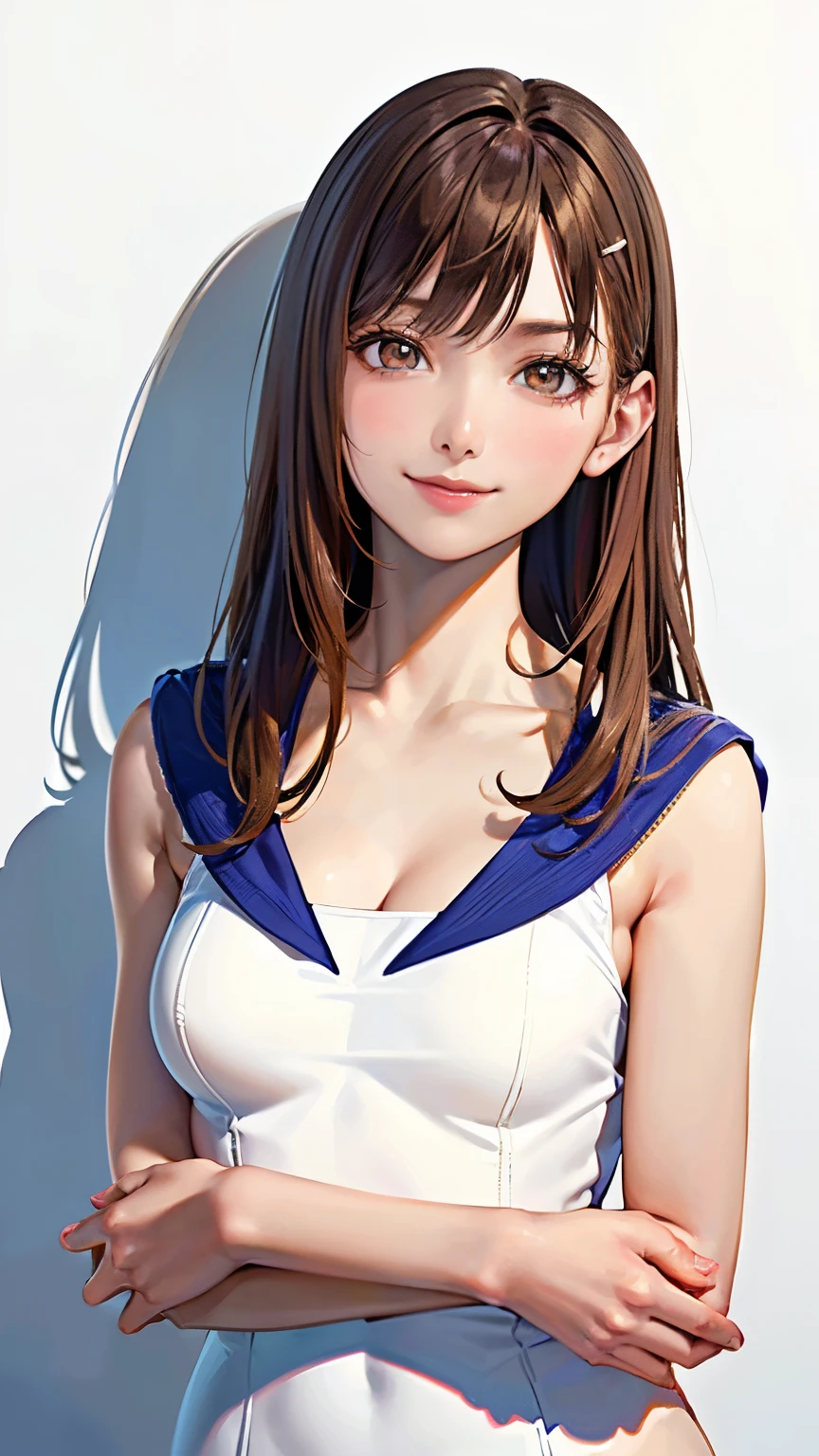 (highest quality, 8K, 32k, masterpiece, nffsw:1.2), (RAW photo), (realistic), (Photoreal:1.2), (High resolution), Super detailedな, very beautiful face and eyes, 1 girl,  round and small face, big breasts thin waist、(((small breasts)))、(((white wall background)))、slim proportions, (swimsuit:1.23), (bust shot)、(((redhead)))、((short sleeve sailor suit))、laughter、looks happy、(fold your arms in front of the chest)、(Close-up、highest quality、high detail、Rich skin details、nffsw)、(highest quality, 8K, oil, table top:1.2), Super detailed, (realistic, realistic:1.37), (((full body shot)))、Bright colors, (((fold your arms)))、(((sexy atmosphere)))、(((20 year old woman)))、(((Place your index finger next to your face)))、((messy hair))、(((naughty look)))、((Bust isＤcup))、(((light brown hair)))、(((length)))、(((white background))), (((bullish smile)))、(((cleavage)))、(((girly hairstyle)))、(((long hair)))、(((in front of a white wall)))、(((light brown hair)))、(((laughter)))、(((calm face)))、(((The girth of the chest is 85 cm)))、(((small breasts)))