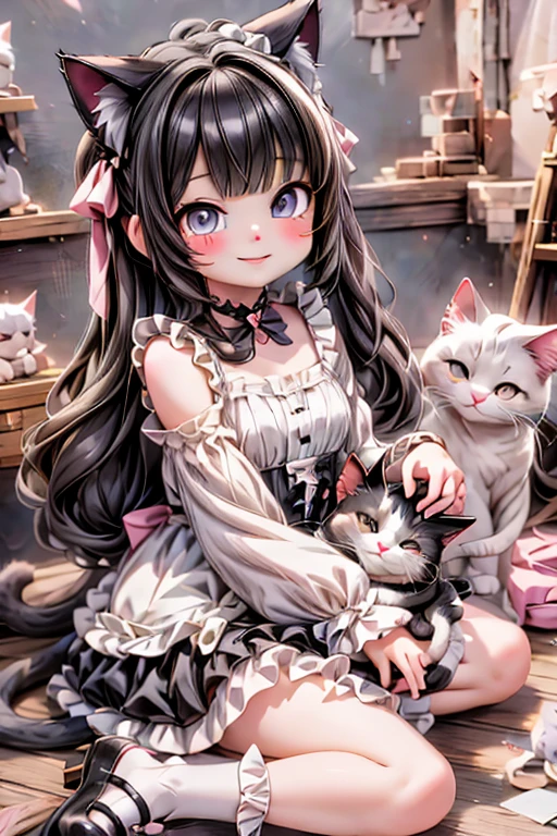 creepy, horror style, a cute demon girl smiling, goth clothing style, lace cloth clothing, wearing a mini ruffled skirt and crop shirt, shirt with short puffy sleeves, nylons, strap pumps, holding an umbrella, floating pose, garden at night