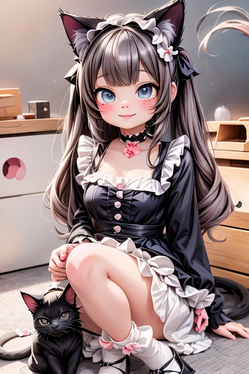 creepy, horror style, a cute demon girl smiling, goth clothing style, lace cloth clothing, wearing a mini ruffled skirt and crop shirt, shirt with short puffy sleeves, nylons, strap pumps, holding an umbrella, floating pose, garden at night