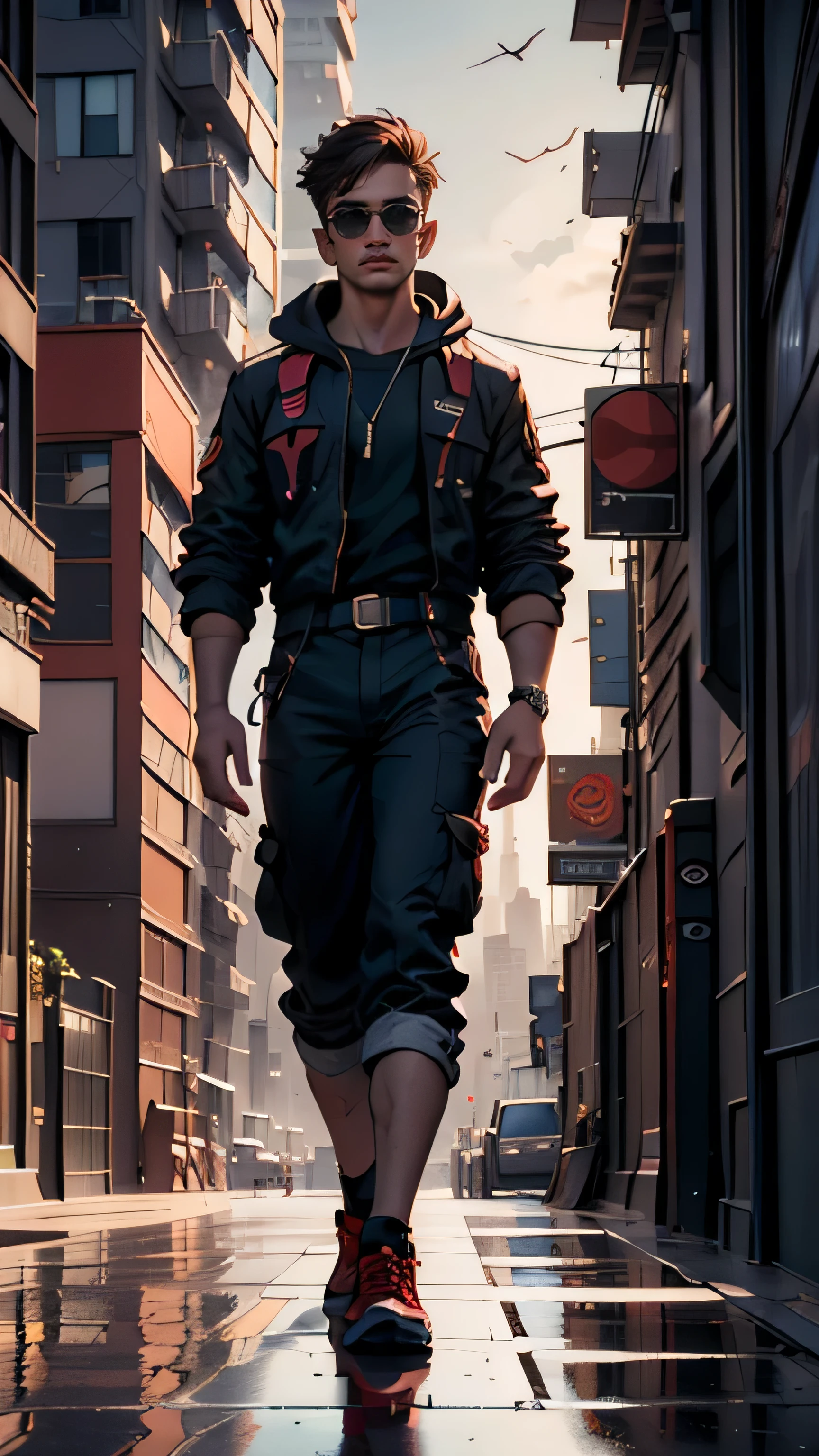 (arte digital de alta qualidade,Detalhe orientado),homem,20,cabelo estilo militar,vestido casualmente,tênis vermelho,Caminhando na praia,paisagem urbana,grafite,luzes da cidade,cores vibrantes,sombras realistas,Renderização 3D,vibrações de arte de rua,arranha-céus,atmosfera noturna,características faciais expressivas,postura confiante,horizonte da cidade ao fundo,estética legal e moderna,impressionante atenção aos detalhes,efeitos de iluminação coloridos,calçadas e placas de rua,reflexo da cidade em óculos de sol,Perspectiva central,Agitação urbana,mural que chama a atenção,texturas arenosas,uso impressionante de contraste de cores,estilos de arquitetura variados,senso de moda contemporâneo,detalhes de acessórios elegantes,sons da cidade ao fundo,composição dinâmica,Cena enérgica e animada,profundidade e dimensão visual,mistura perfeita de elementos tradicionais e modernos,pinceladas digitais impressionantes,retrato fotorrealista do ambiente,humor e ambiente perfeitamente capturados,atenção aos efeitos atmosféricos,retrato realista de fontes de luz,uso magistral de sombreamento e realces,narrativa convincente implícita na cena,detalhes infinitos para explorar e apreciar