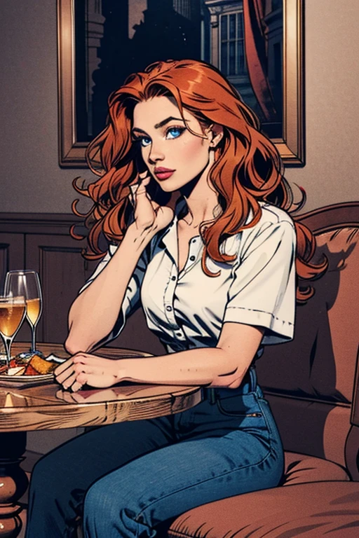 девушка,длинные волнистые оранжевые волосы,голубые глаза циано,носить стиль темной академии, сидение за обеденным столом 