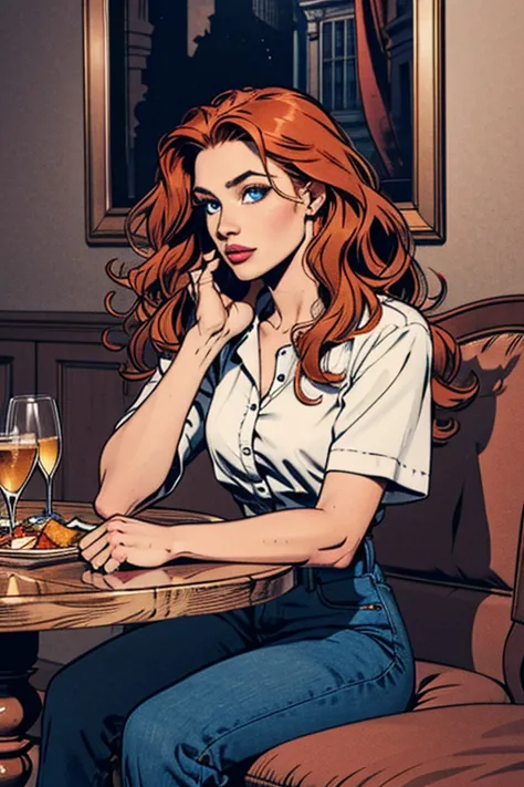 A woman,long wavy orange hair,blue ciano eyes,wearing dark academy style, seating on a dinner table 