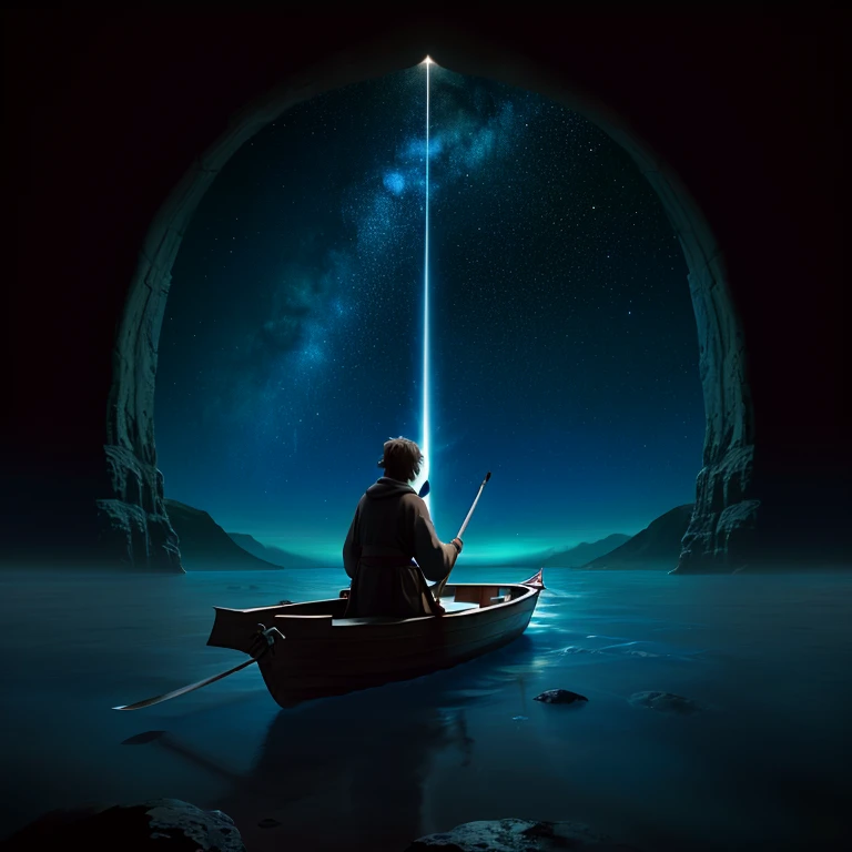 Menino sentado no barco, espada na mão, manto, Solidão, Alta precisão, mar de estrelas, vista, romântico, pequenez