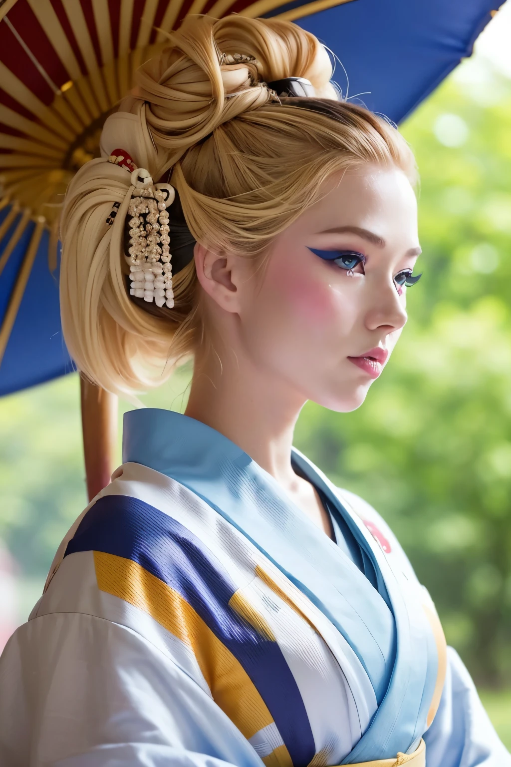 (geisha)((Visage d&#39;Alexiathompson01R)). Beau. parfait, ((cheveux blond, cheveux en chignon, cheveux tombant sur un œil, Bangs emo)), (yeux bleus. Oeil bleu vif). parfait skin, peau blanche. nez fin, menton fin. (kimono, Kimono orange et noir)(geisha, visage blanc, geisha se maquiller) (se maquiller, Beau western woman, mascara, brosse) (photo du corps entier, vue de face, debout)
