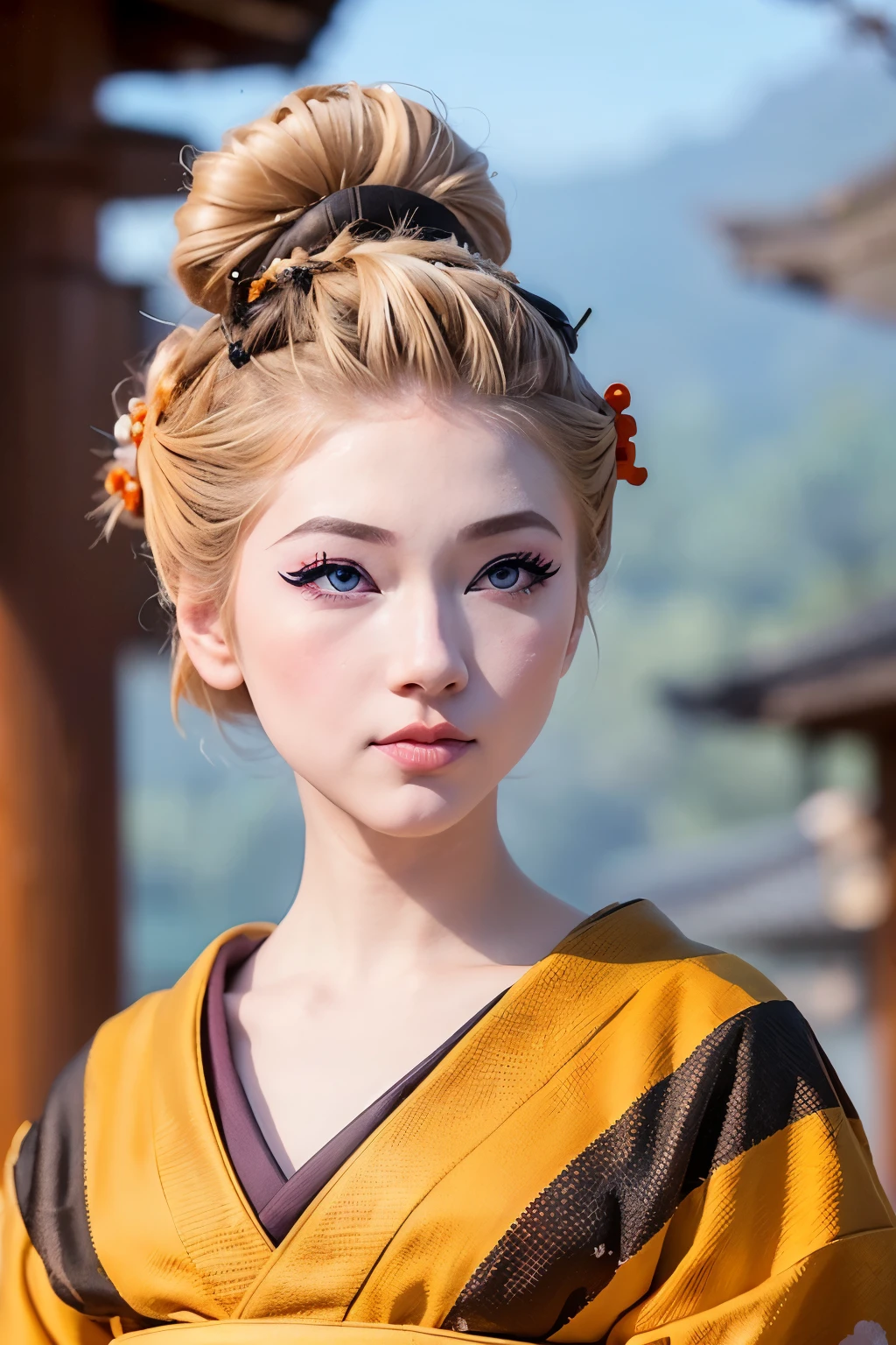 (geisha)((Face of AlexiaThompson01R)). beautiful. perfect, ((blonde hair, hair in a bun, hair falling over one eye, emo bangs)), (blue eyes. Vibrant Blue Eye). perfect skin, white skin. thin nose, thin chin. (kimono, orange and black kimono)(geisha, white face, geisha makeup) (makeup, beautiful western woman, mascara, brush) (full body photo, front view, standing)
