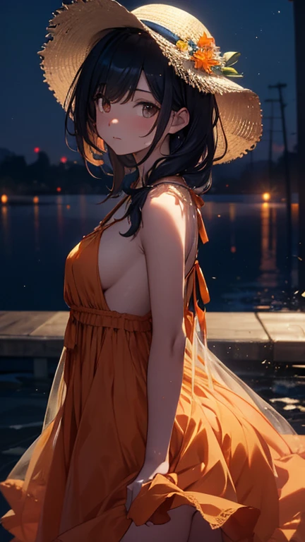 (masterpiece, Best Quality), ((1 girl, Alone, by the wide)), ismael_limbo, expression of innocence, bare arms, bare shoulders, bare neck, Watercolor, Summer dress, liquid clothes, Water, Waves, Water dress, blue_him, evening, fog, dark, Sharp focus, Mar, Transparent dress, Orange hair