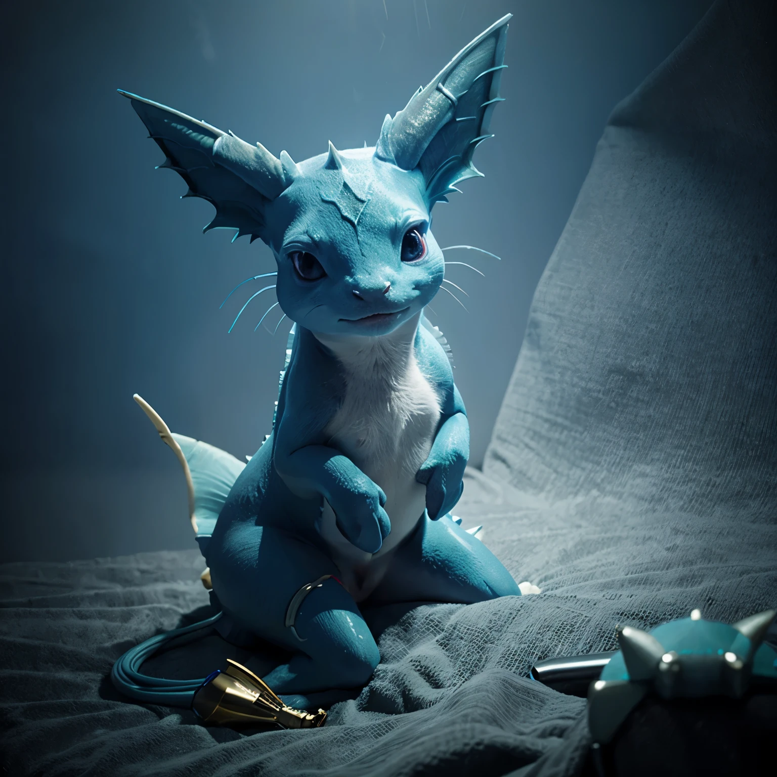 There is a small blue and white dragon sitting on a bed - SeaArt AI