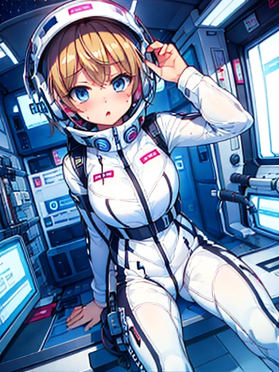 very detailed、(Futuristic spaceship interior):1.5、人妻1 person，short bob，golden hair,(space helmet):5, (white space suit):1.5、body suit、(Diapers):1.5,big breasts，breast bumps，Excretion of breast milk，Feeling，Showing off her perfect legs，Shyness in the face，Sweat、The Diapers is wet、desire for dissatisfaction，Masseter muscle part、, Highest_quality, 1 person, alone、open your legs、open your legs、please open your knees、embarrassing、blush、Bedroomasturbation、Sweatでいっぱい、wet Diapers、sexual excitement、masturbation、,put your hand inside your panties、headphones,(liquid、scale):0.3、It was scary、teardrop,BREAK red nose blush:1.3,astro vest:5