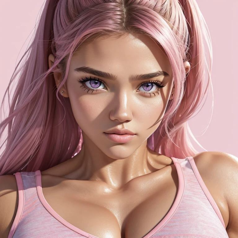 IFBB female teen bodybuilder Jessica Alba, (masterpiece),(best quality:1.1),(ultra-detailed),best illustration,finely detail,(portrait:1.1),(intense close-up),watercolor drawing)floating,1girl,solo,18 years old,muscular,(extremely delicate and beautiful face),(detailed pink eyes),pink thick lips,(disheveled hair),(wearing a tight sports bra),soft and lazy,(simple background:1.2)whole colored background,clear,4K