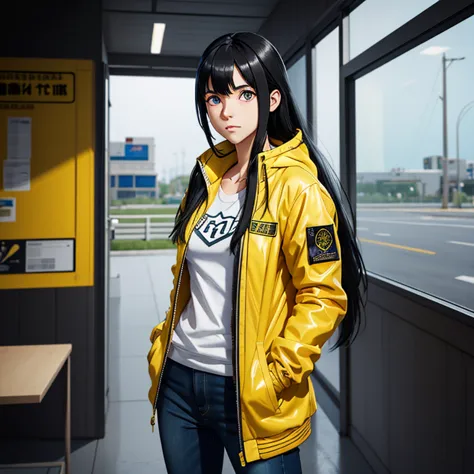 A girl, yellow jacket, hands in pockets, staring at another person, long black hair, heterochromic eyes, heterochromic eyes, het...