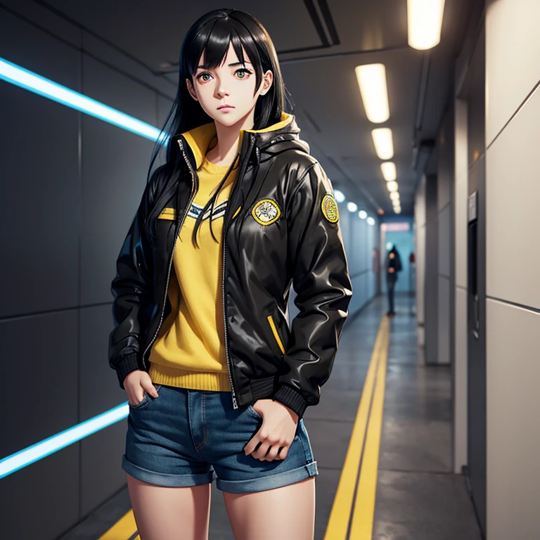 A girl, yellow jacket, hands in pockets, staring at another person, long black hair, heterochromic eyes, heterochromic eyes, heterochromic pupils, 8k resolution, very detailed, anatomically correct, digital painting, concept art, Makoto Shinkai style, clear picture,  