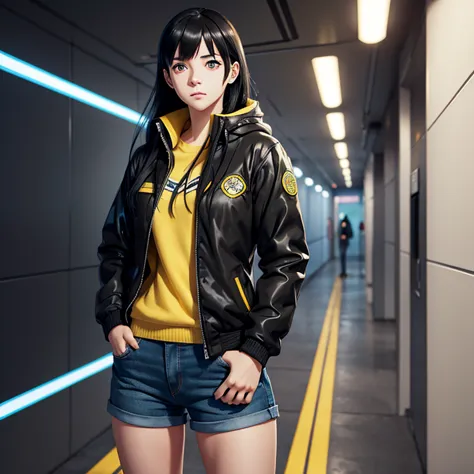 A girl, yellow jacket, hands in pockets, staring at another person, long black hair, heterochromic eyes, heterochromic eyes, het...