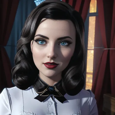 elizabeth comstock, white blouse, full body portrait, beautiful sexy smirk, bioshock city, red lipstick, blue eyes, (8k, raw pho...