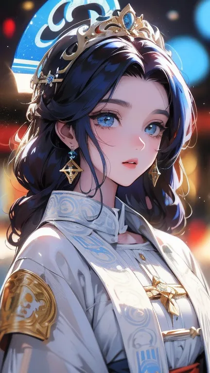 un hermoso retrato de emperatriz, pelo rubio, ojos azules perfectos, con un brillante, Impossible and striking large Christmas h...