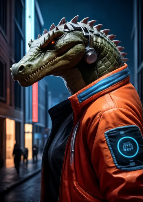 SIDE VIEW,  Epic, city, Biogen, ((((cyber)))), (angry crocodile in a red jacket ),Real,detailed,detailed eyes,detailed face,Best...