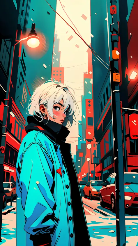 suspenseful movie scene, adolescent with distinctive white hair donned in winter attire, standing amidst a snow-covered city, du...